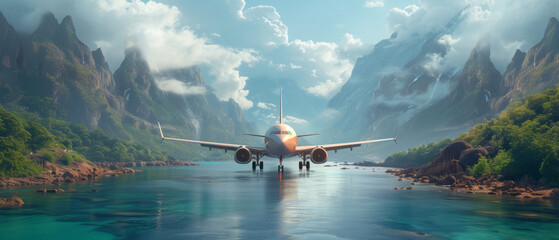 Concept of airplane travel to exotic destination,generative ai - obrazy, fototapety, plakaty
