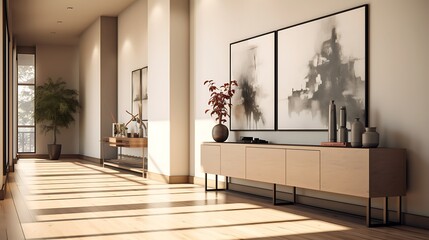 A sleek and minimalist hallway featuring wall-mounted consoles and artwork