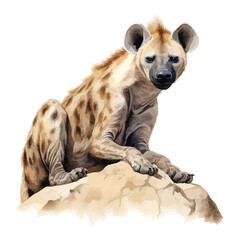 cartoon hyena sitting on a rock in watercolor painting style - obrazy, fototapety, plakaty