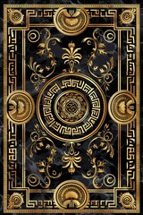 Abstract ornamental vintage aesthetics marble framed wall hanging, in the style of intricate frescoes ceiling design. Luxurious baroque style patchwork patterns. Decorative borders with gold.