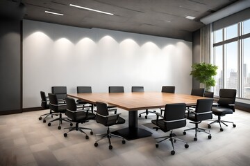 A sophisticated empty solid wall mockup in a professional conference room, ready for business-related graphics or corporate messages.