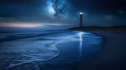 Quiet night scenery It overlooks the sandy beach and sea with a lighthouse tower that lights up at night. - obrazy, fototapety, plakaty