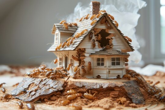 Large termites that are chewing on a house model,copy space. 