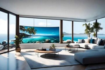 A coastal-themed living room with a wall mockup showcasing a series of panoramic ocean views, bringing a sense of tranquility to the modern interior.