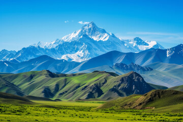 Majestic Snow-Capped Mountain Range Overlooking Green Valleys, Snow-capped peaks rise majestically...