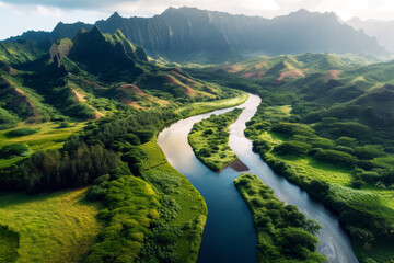 Meandering River Through Lush Green Valleys, An aerial view captures a meandering river cutting through vibrant green valleys, with rolling hills fading into the misty horizon. - obrazy, fototapety, plakaty