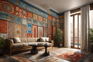 A room bathed in natural light, showcasing a Turkish wall mockup adorned with ceramic motifs and vivid colors, creating a visually appealing and culturally rich space.