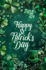 design for a st patrick's day post greetings card in green colors. saint patrick's day card. vector, white and green background. shamrock, leprechaun's hat and clover