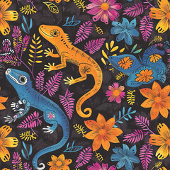 Mexican lizards folk floral repeat pattern