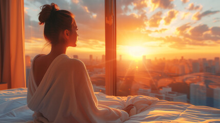 Young woman in bathrobe wake up in modern bedroom open curtains enjoy good morning.generative ai - obrazy, fototapety, plakaty