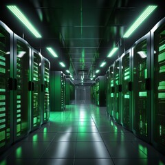 Long Hallway With Rows of Green Servers in Data Center