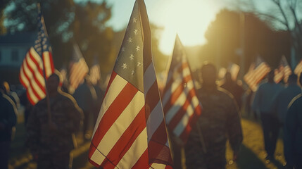 people waving American flag american flag Patriots of America. Banner, generative ai - obrazy, fototapety, plakaty