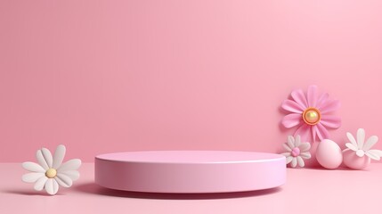 Obraz na płótnie Canvas Happy easter pink pedestal product display stand or podium with gift box and cute easter egg and flower on pastel pink background 3D rendering, generative ai, 