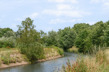 Summer countryside landscape. River, forest, blue sky with clouds