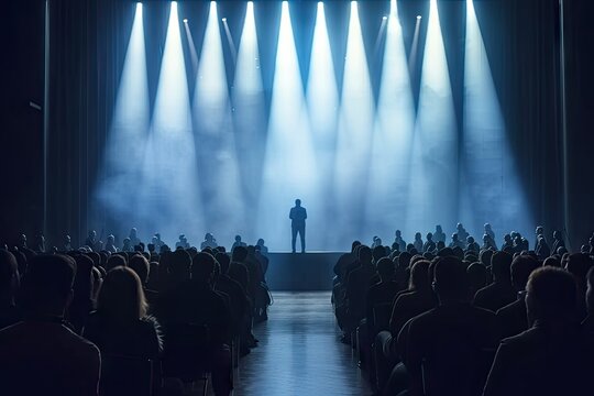 Bustling scene of crowded auditorium filled with eager audience all facing prominent stage set for significant event or performance dynamic setting captures of public engagement and entertainment