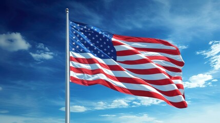 Fototapeta premium Flag of United States of America being waved in the breeze against a sunset sky. US flag