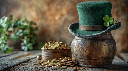 Artistic arrangement of St. Patrick's Day symbols. Green leprechaun top hat, shamrock, vintage pot filled with gold coins. Irish folklore and tradition. AI Generated