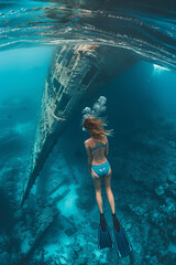 Young woman free diving and finning in a clear blue sea near a shipwreck
