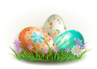Element for design with three Easter eggs and grass with flowers