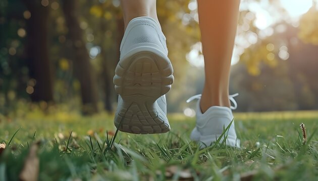 Close-up of woman athlete feet and shoes while running in park