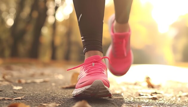 Close-up of woman athlete feet and shoes while running in park
