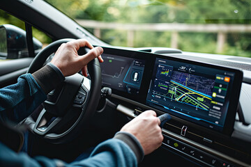 An individual checking the battery and distance traveled data on a car’s built-in display