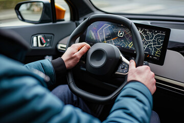 An individual checking the battery and distance traveled data on a car’s built-in display