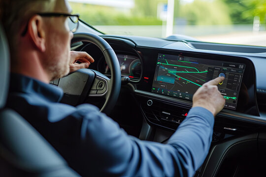An individual checking the battery and distance traveled data on a car’s built-in display