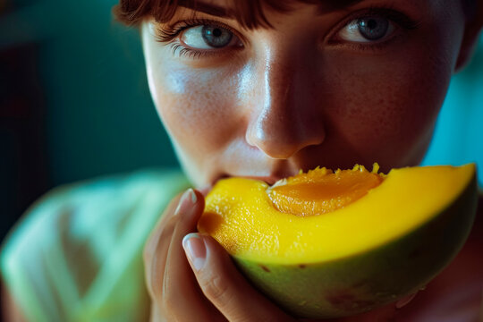 Young woman eating tropical fruit, oragnic food