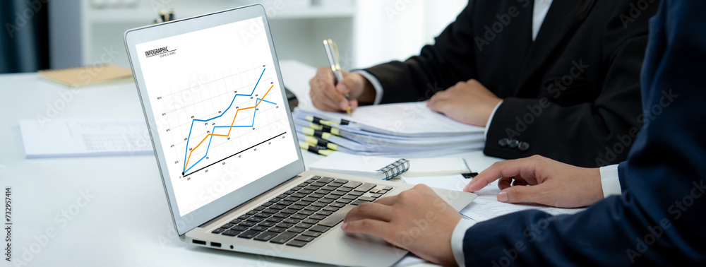 Poster business intelligence analyst team use bi software on laptop to analyze financial data dashboard. bu