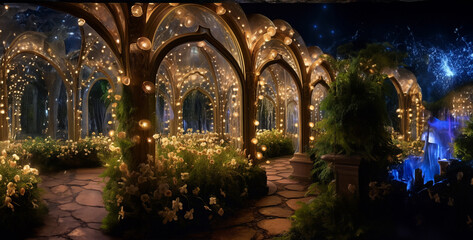 view of the city, Art Noumea Garden at night with gold arches