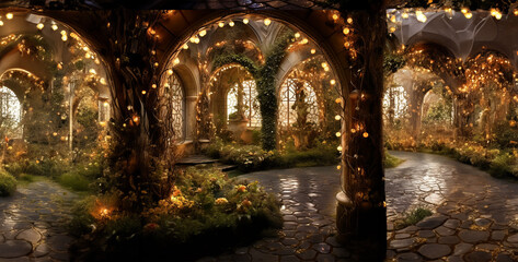 bridge over the river, Art Noumea Garden at night with gold arches - obrazy, fototapety, plakaty