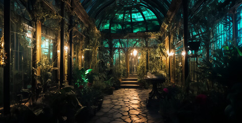 house, night in the forest, night in the park, Art Nouveau inside greenhouse