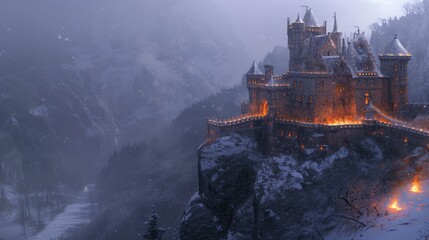 castle in mountain snow landscape in cold winter. Resplendent. - Powered by Adobe