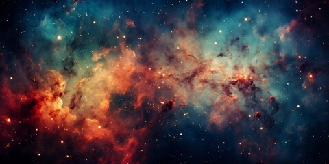 In the vast expanse of deep space, a colorful nebula paints a breathtaking tableau, its vibrant hues mingling with the brilliance of countless stars to create a truly beautiful cosmic vista. - obrazy, fototapety, plakaty