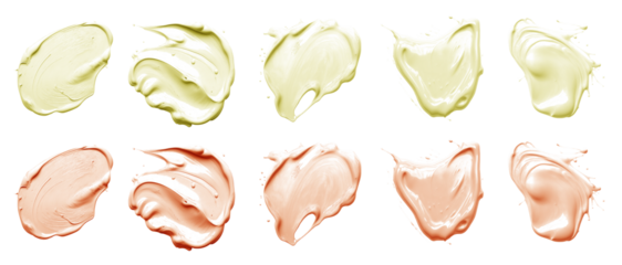  2 Collection set of pastel light yellow orange, blob paint ink liquid smear smudge swatch cream wax on transparent background cutout, PNG file. Many different design. Mockup template artwork graphic