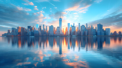 Sunset over Manhattan: Urban Skyline and Water Reflections