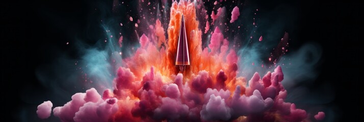 In the illustration, a rocket launches with a powerful lift-off, unleashing a colorful blast that radiates outward, capturing the excitement of space exploration in a vibrant display of motion.