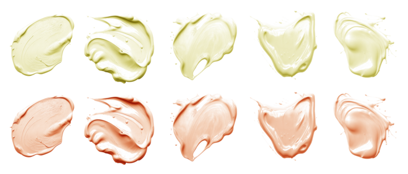  2 Collection set of pastel light yellow orange, blob paint ink liquid smear smudge swatch cream wax on transparent background cutout, PNG file. Many different design. Mockup template artwork graphic