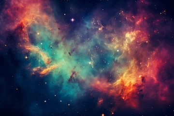 Deurstickers A nebula adorned with swirling clouds of red, blue, and yellow gas paints a breathtaking tableau in the cosmos, creating a stunning tapestry of celestial beauty. © DIMENSIONS