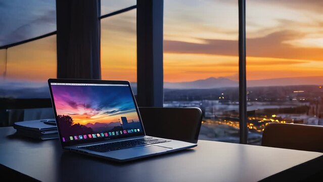Open laptop on a desk under a colorful sunset sky, blending technology and nature in a harmonious workspace