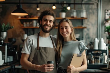 Heartwarming portrait of man and woman possibly couple running cozy coffee shop with passion and dedication bright smiles and aprons commitment to providing excellent service and high quality coffee