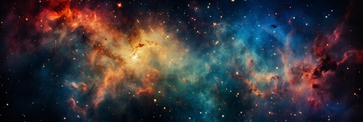 A colorful nebula glows with radiant hues, surrounded by a multitude of stars that twinkle like diamonds against the cosmic canvas.