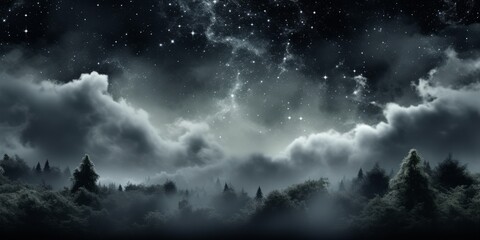 Thick clouds hang low over the forest, yet numerous stars punctuate the surreal night sky, casting an ethereal glow that illuminates the landscape with a dreamlike quality.