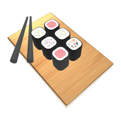 3D illustration of sushi and roll with chopsticks and soy sauce on a wooden table. 3D rendering of a cartoon Japanese food.