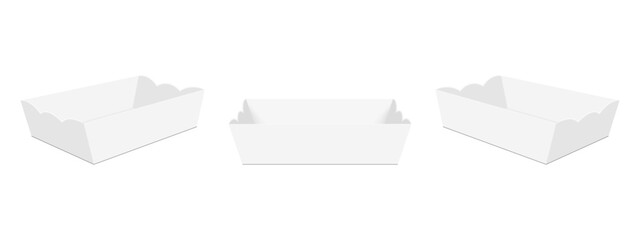 Tray Mockup, Empty Food Boxes, Front And Side View, Isolated On White Background. Vector Illustration