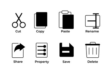 Cut, copy, paste, rename, share, save and delete icon symbol collection in line and glyph style