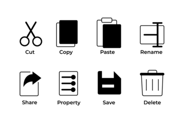 Cut, copy, paste, rename, share, save and delete icon symbol collection in line and glyph style