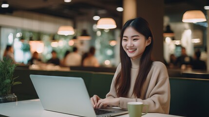 A cheerful Asian businesswoman enjoying her work on a laptop in a relaxing coffee shop