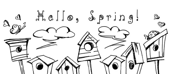 Spring hand drawn drawings with birdhouses on an isolated background.